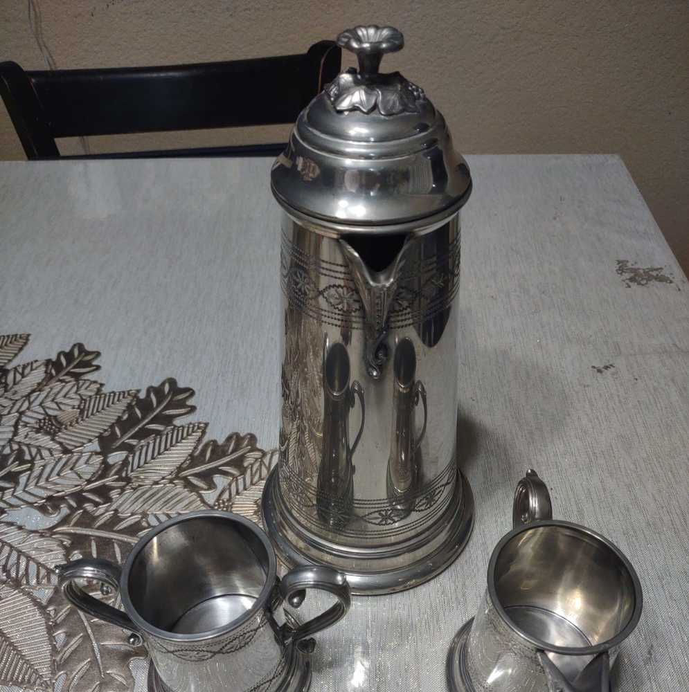 Eales 1779 Hand Chased Fine English Pewter Ornate 3 Piece Coffee Pot  Set